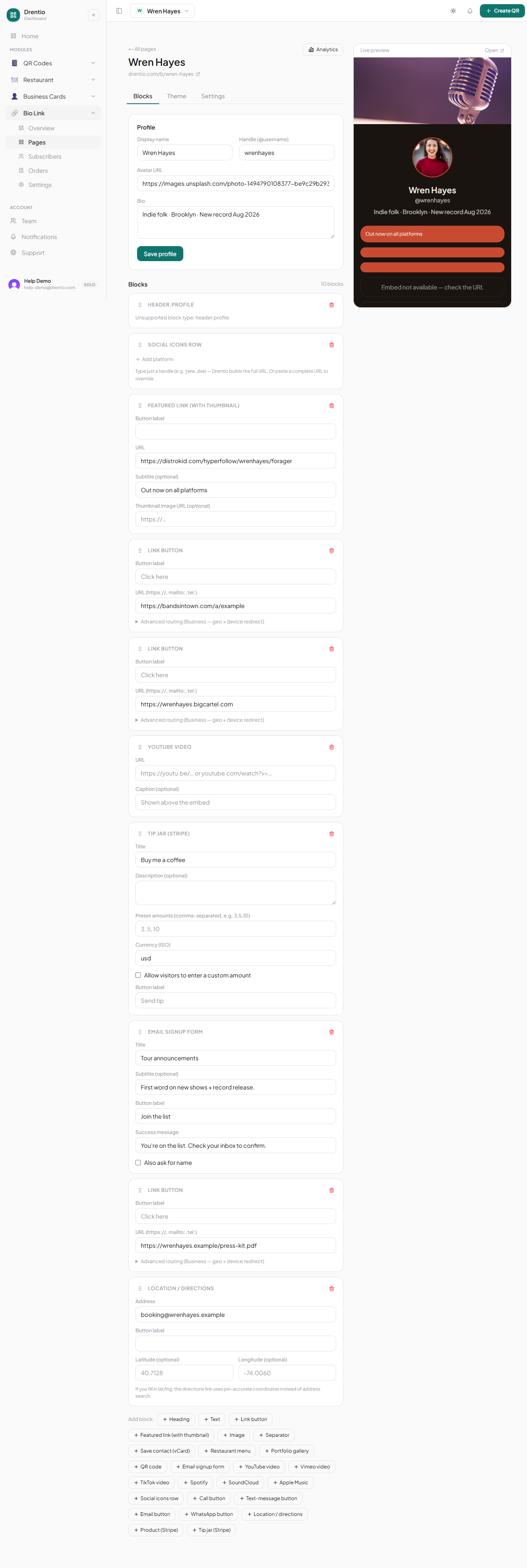 A built-out page editor — header, social row, link buttons, tip jar, mailing list form. Stack as many as you want.