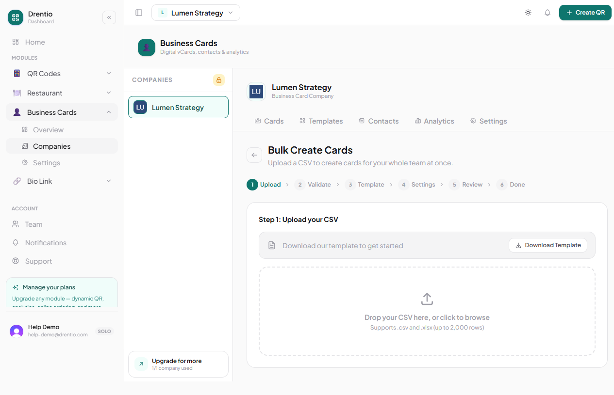Step 1 of the bulk-create wizard — download the template, fill it in, drop the CSV back in.