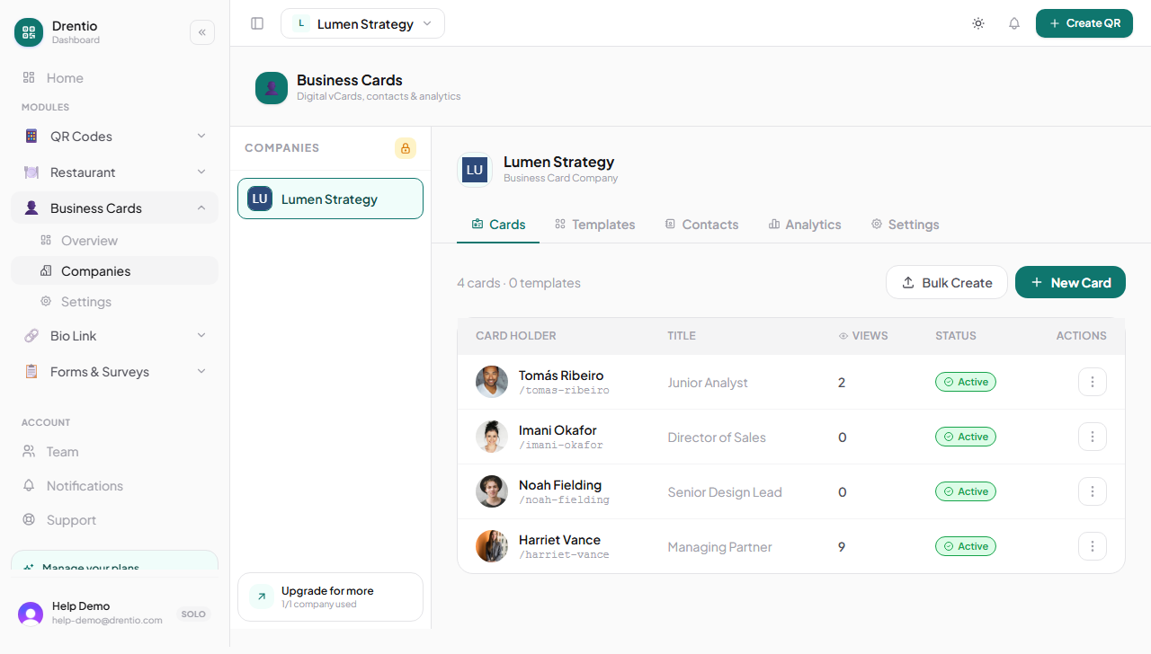 A 4-card team — multiple layouts (cover, sidebar, centered, banner) coexist in the same company.