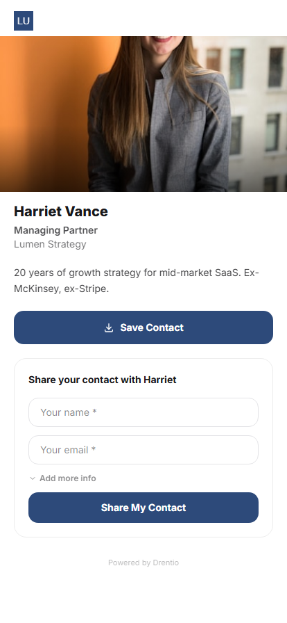 The public card on mobile — what someone sees after scanning your QR or following your link.