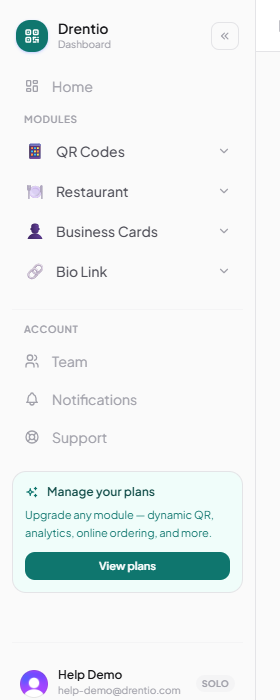 The sidebar lists every module — paid or free. Locked modules just open a paywall instead of the feature.