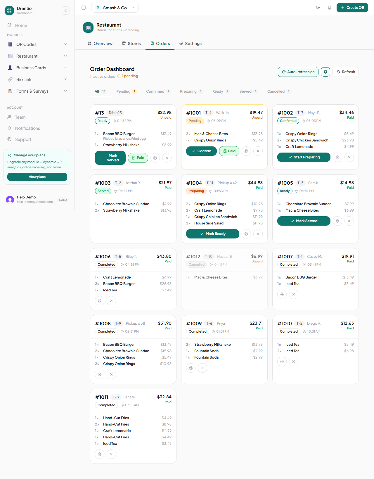 The Orders inbox — every order grouped by status (Pending, Confirmed, Preparing, Ready, Completed, Cancelled).